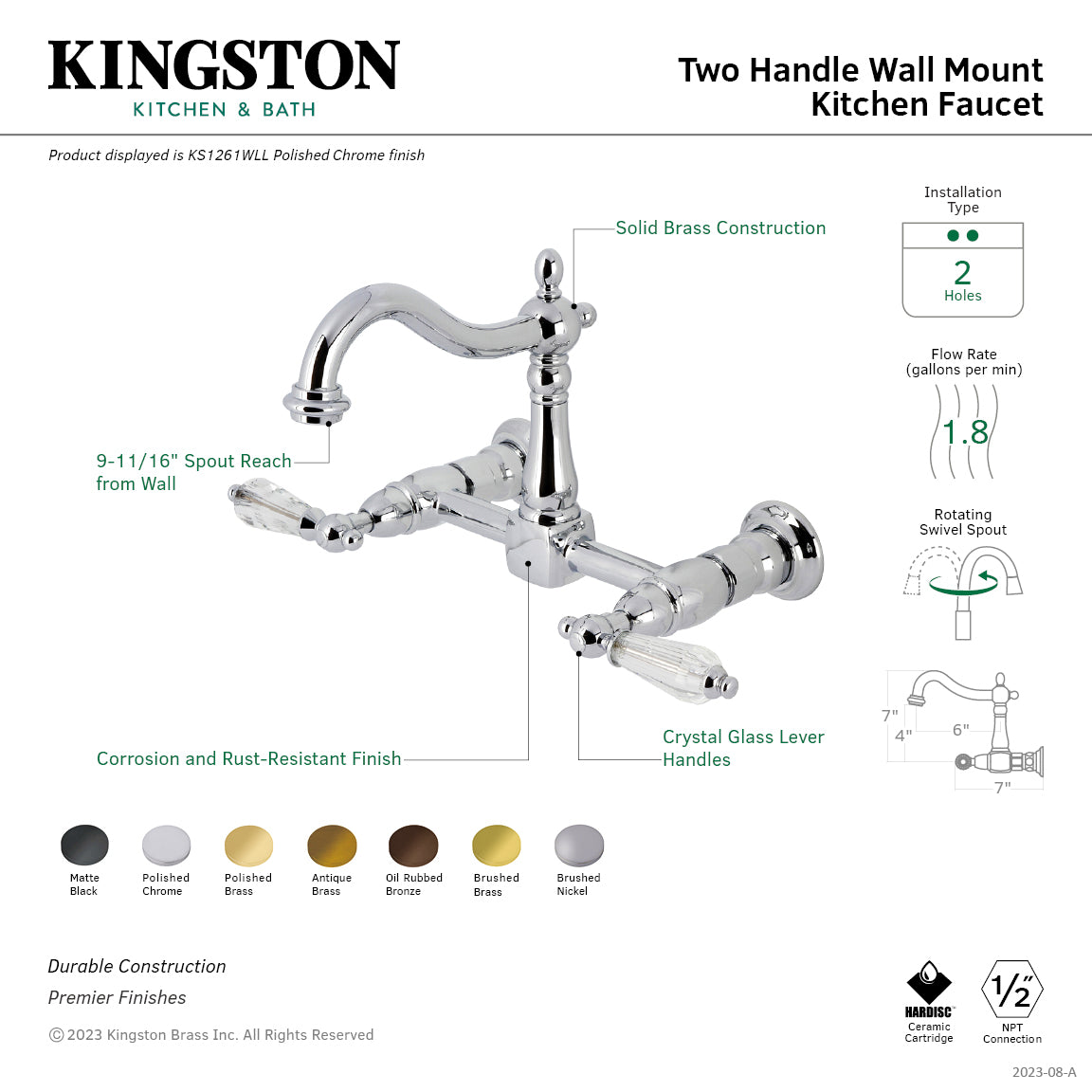 Kingston Heirloom KS1267WLL - Willshire Two-Handle 2-Hole Wall Mount Bridge Kitchen Faucet, Brushed Brass — thumbnail 2